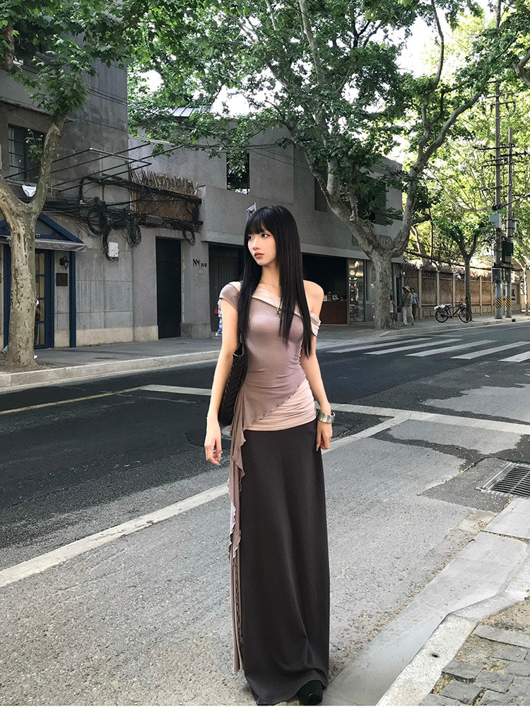 Sash top and spliced bodycon long skirt set