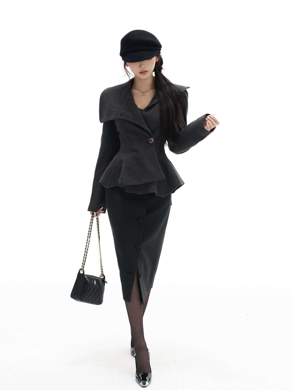 Gray belted short coat with a skirt