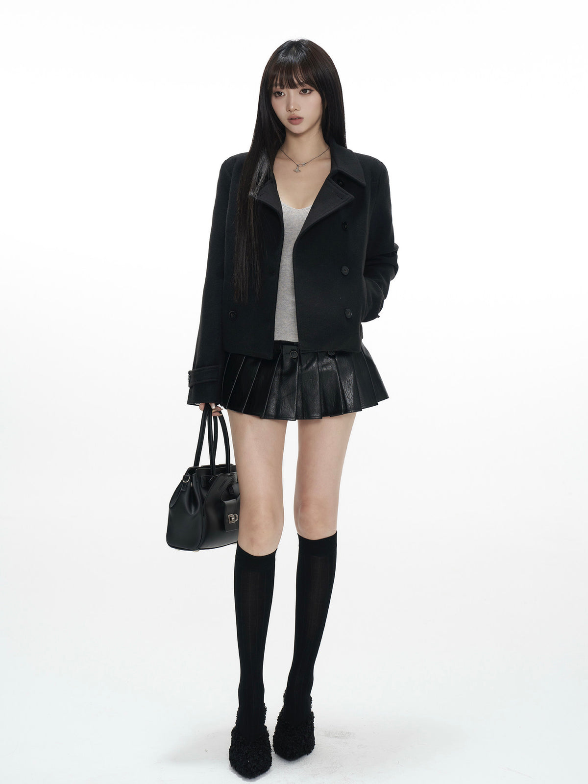 Square Shoulder Black Wool Blend Coat