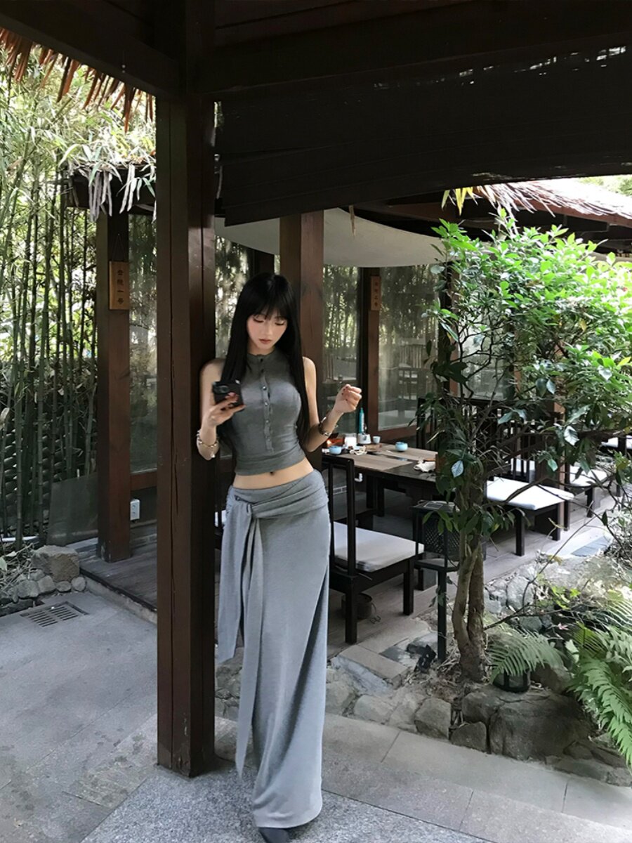 Grey tank top and long bodycon skirt co-ord set