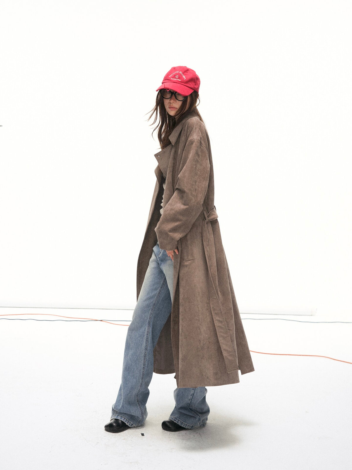 Suede-Effect Belted Double-Breasted Long Trench Coat