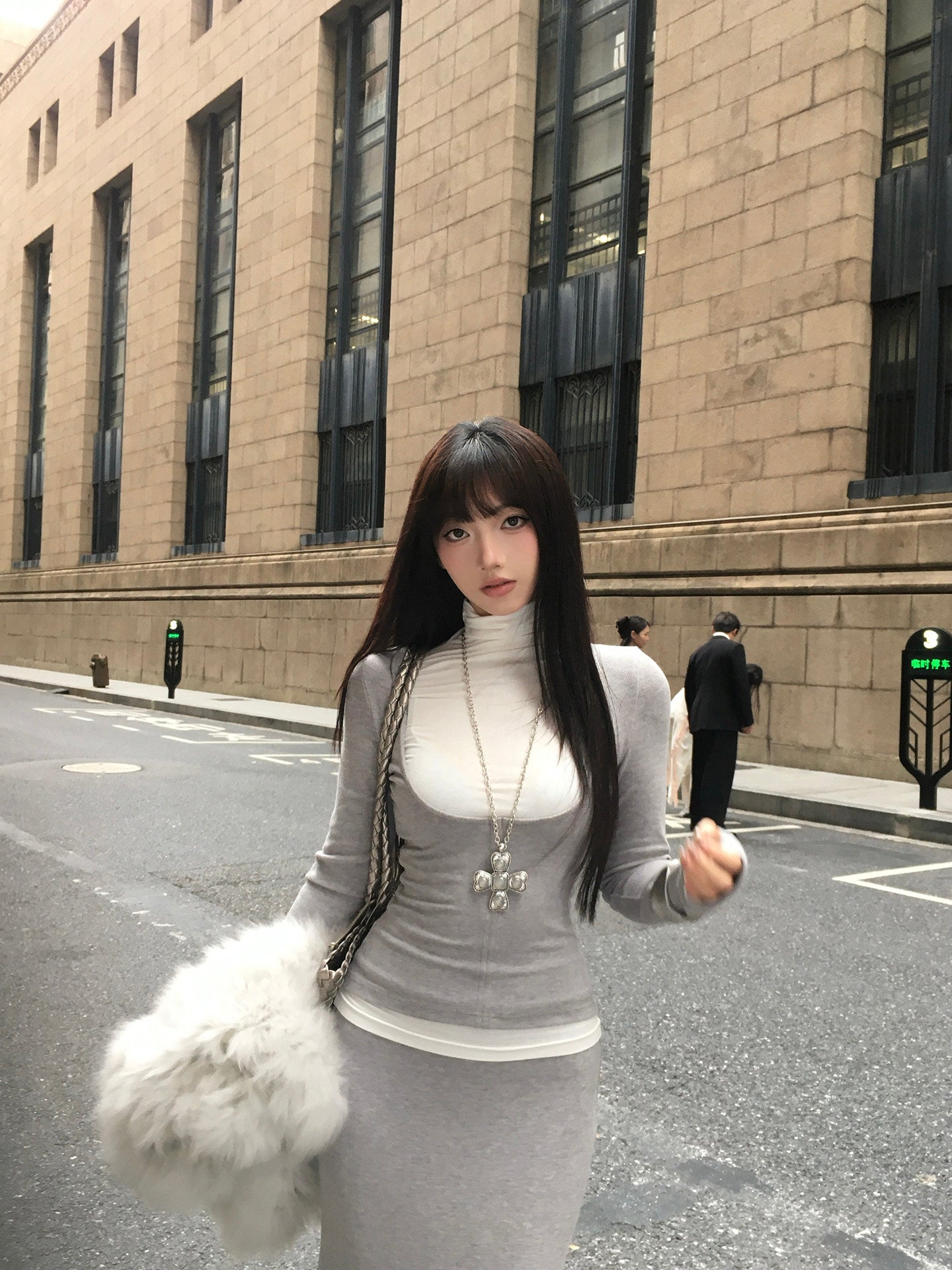 Grey Long-Sleeve Top and Fishtail Skirt Two-Piece Set