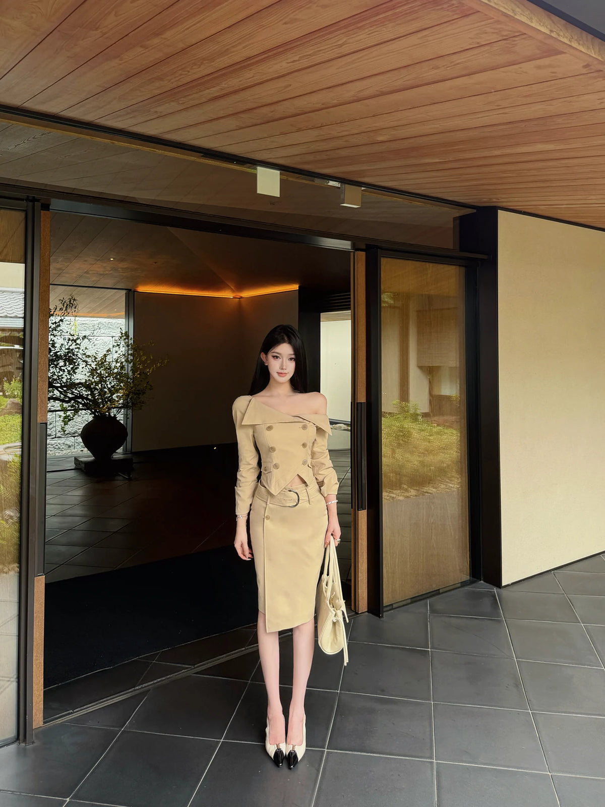 Cropped Double-Breasted Jacket & Straight Skirt Set with Wide Belt