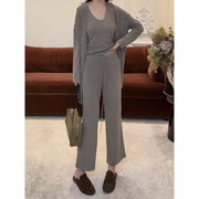 Women's Relaxed Three-Piece Set with Long-Sleeve Cardigan, Tank Top & Wide-Leg Pants