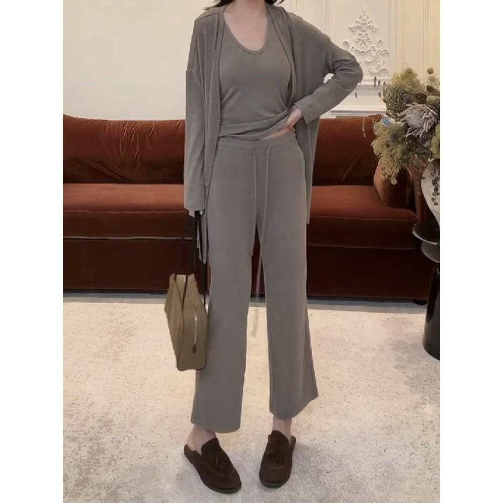 Women's Relaxed Three-Piece Set with Long-Sleeve Cardigan, Tank Top & Wide-Leg Pants