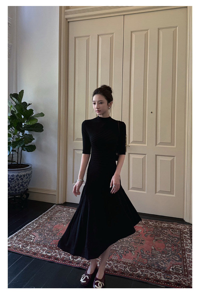 Women's Black Textured Pleated Dress with Stand Collar and Slim Fit