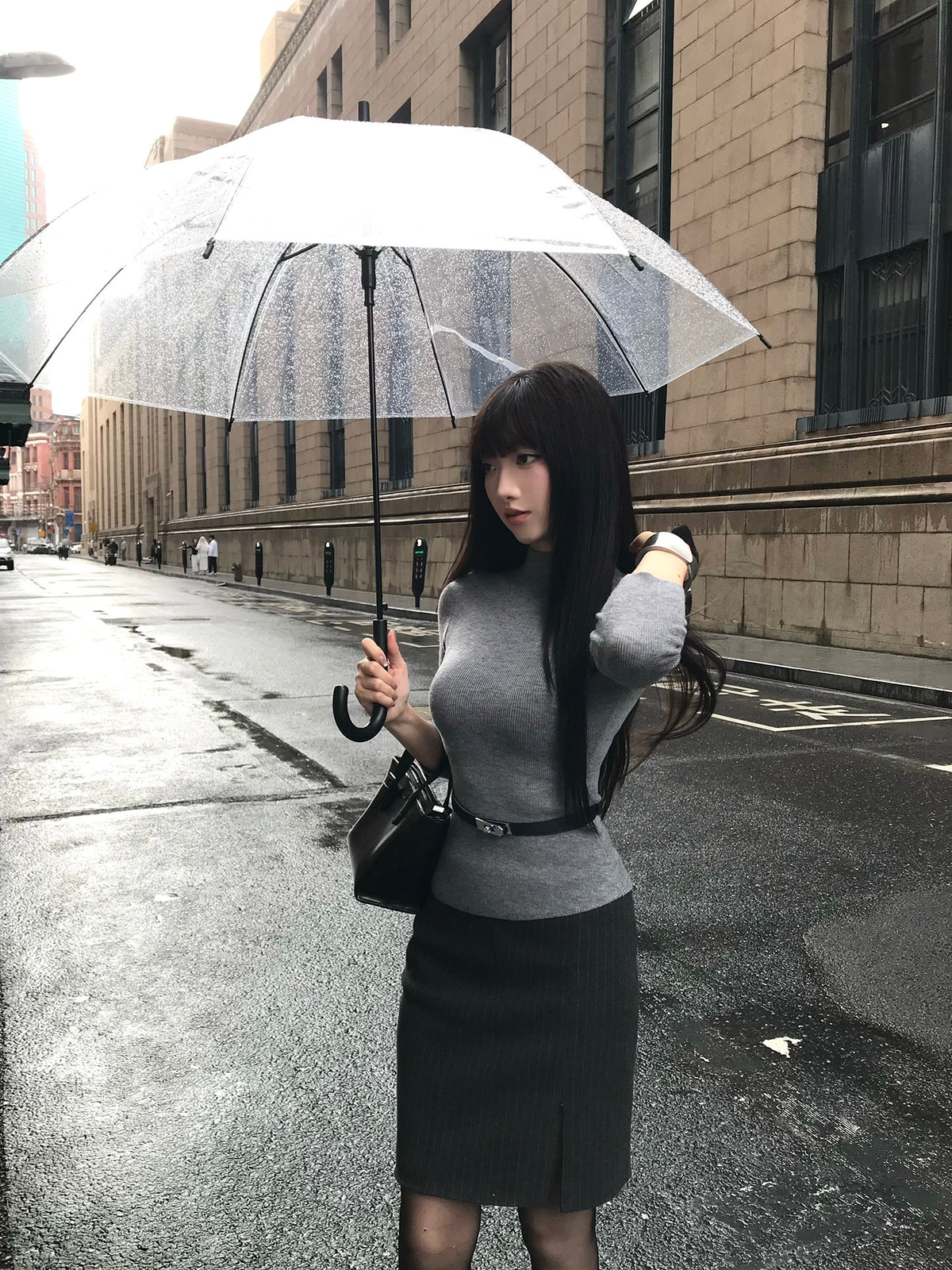 Grey Long Sleeve Sweater + Dark Grey Slit Midi Skirt