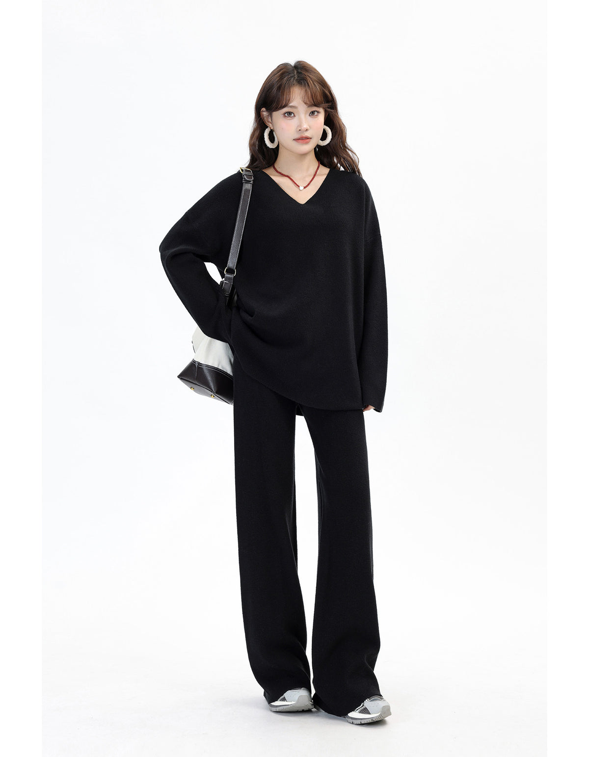 V-Neck Knit Sweater & Wide-Leg Pants Set