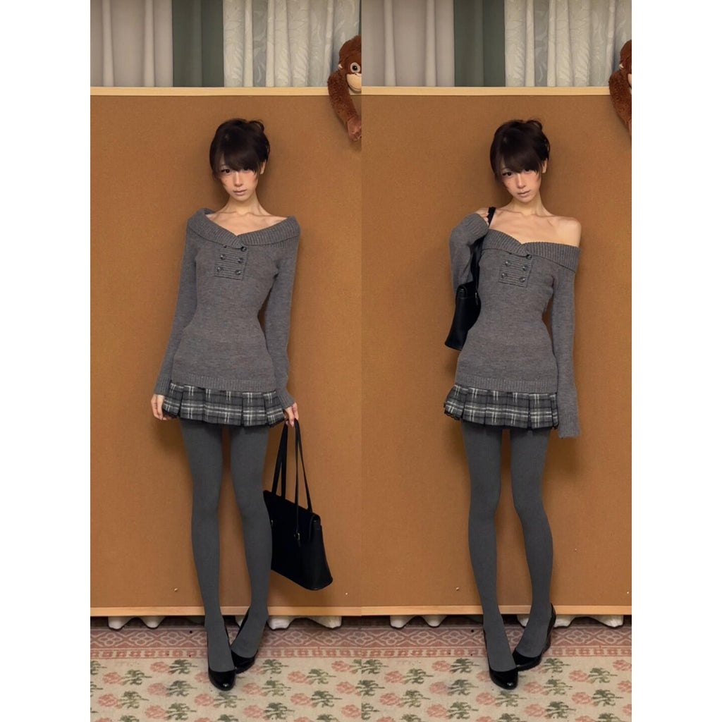 Women’s Gray Off-Shoulder Long-Sleeve Knit Top