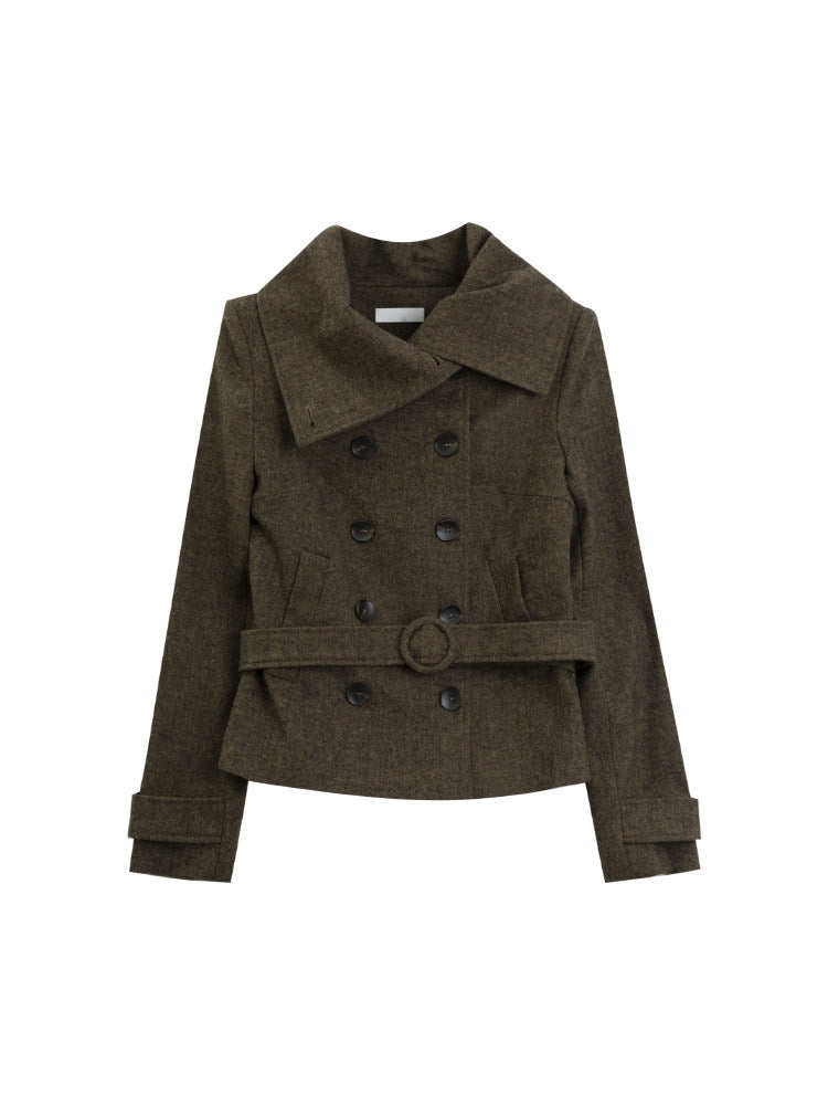 Double-Breasted Wide Lapel Wool Blend Short Coat