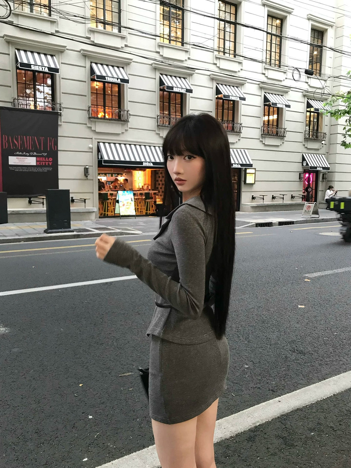 Lace Top & Grey Bodycon Skirt Two-Piece Set