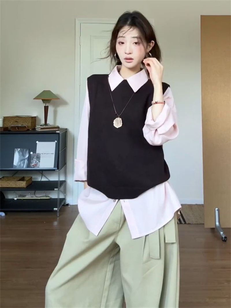 Knit Vest & Pink Long Sleeve Shirt Two-Piece Set