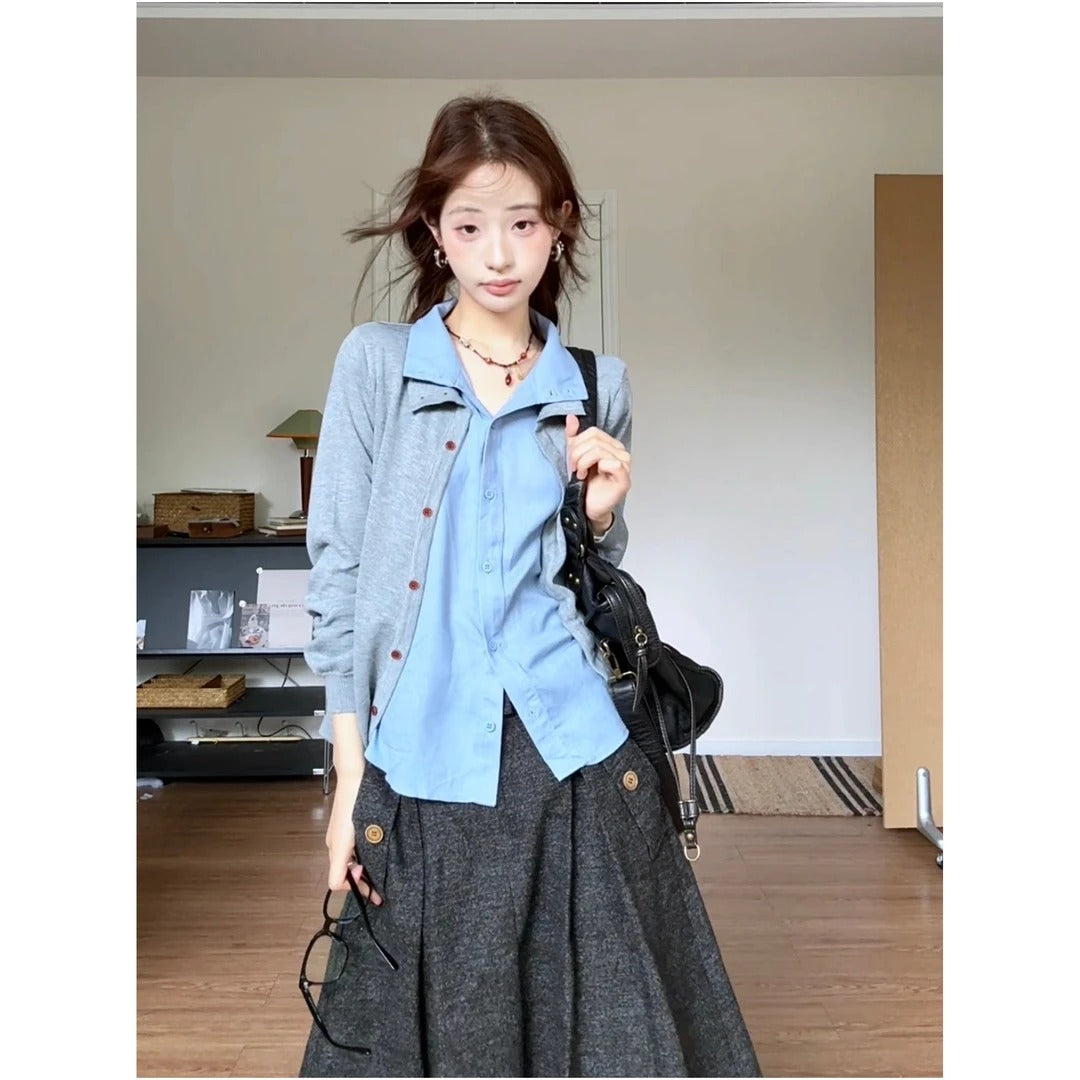Women's Patchwork Fake Two-Piece Long Sleeve Blouse