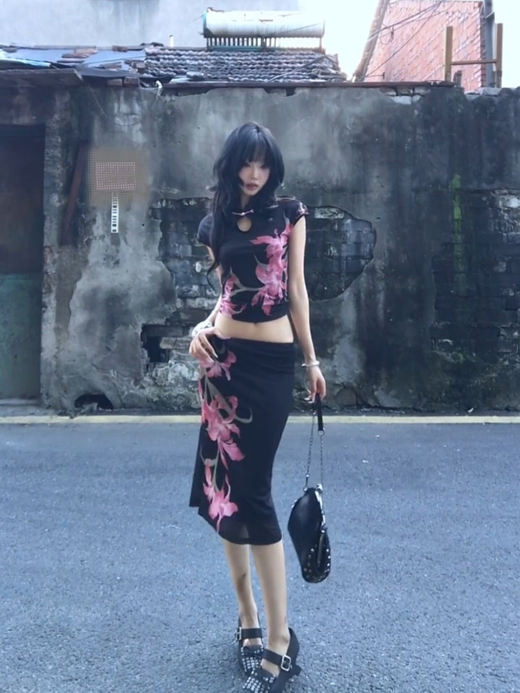 Slim Fit Qipao Top & Skirt 2-Piece Set