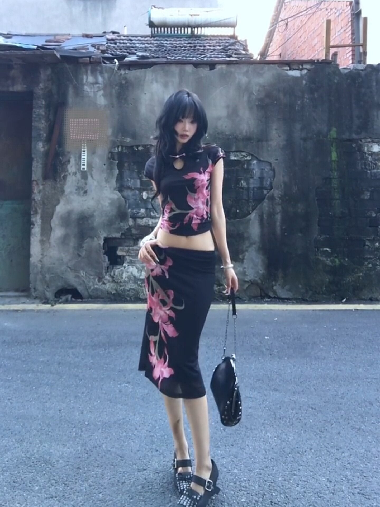 Slim Fit Qipao Top & Skirt 2-Piece Set