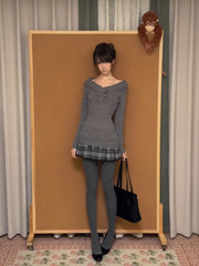 Women’s Gray Off-Shoulder Long-Sleeve Knit Top