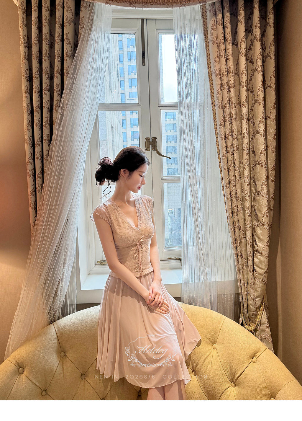 Lace Tie Top / Irregular Hem Skirt Elegant Set