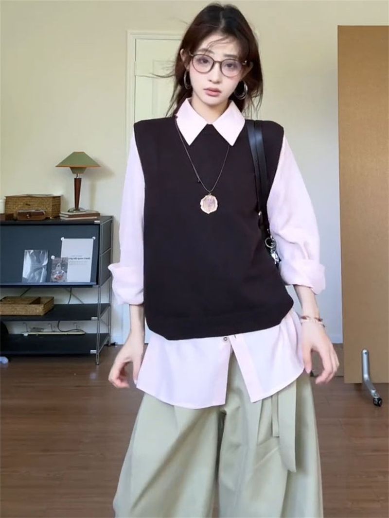 Knit Vest & Pink Long Sleeve Shirt Two-Piece Set