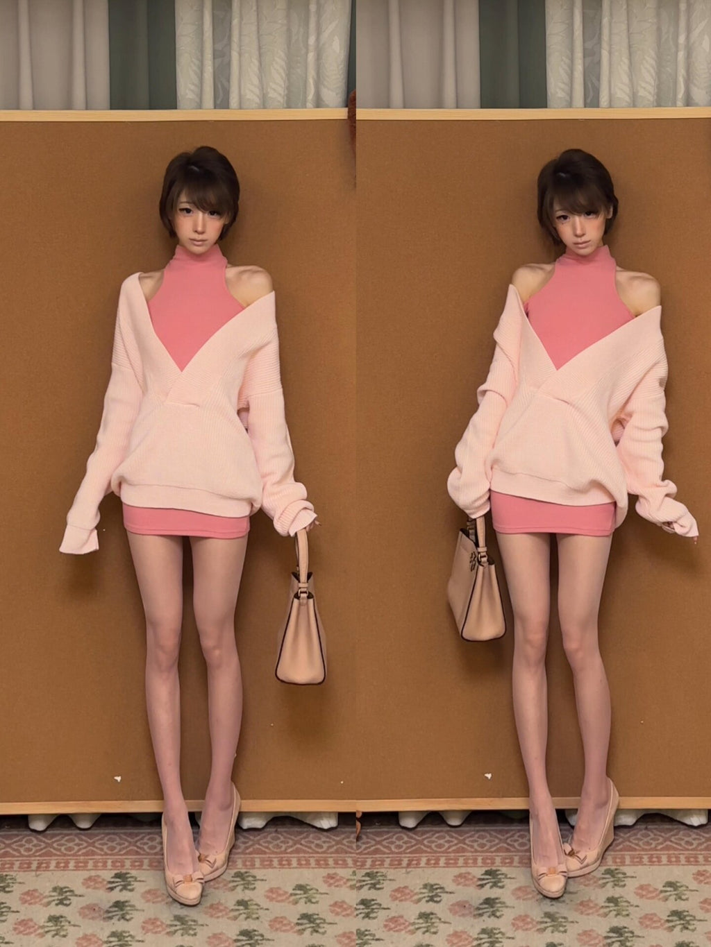 Women's Knit V-Neck Top Halterneck Bodycon Mini Dress Set in Pink