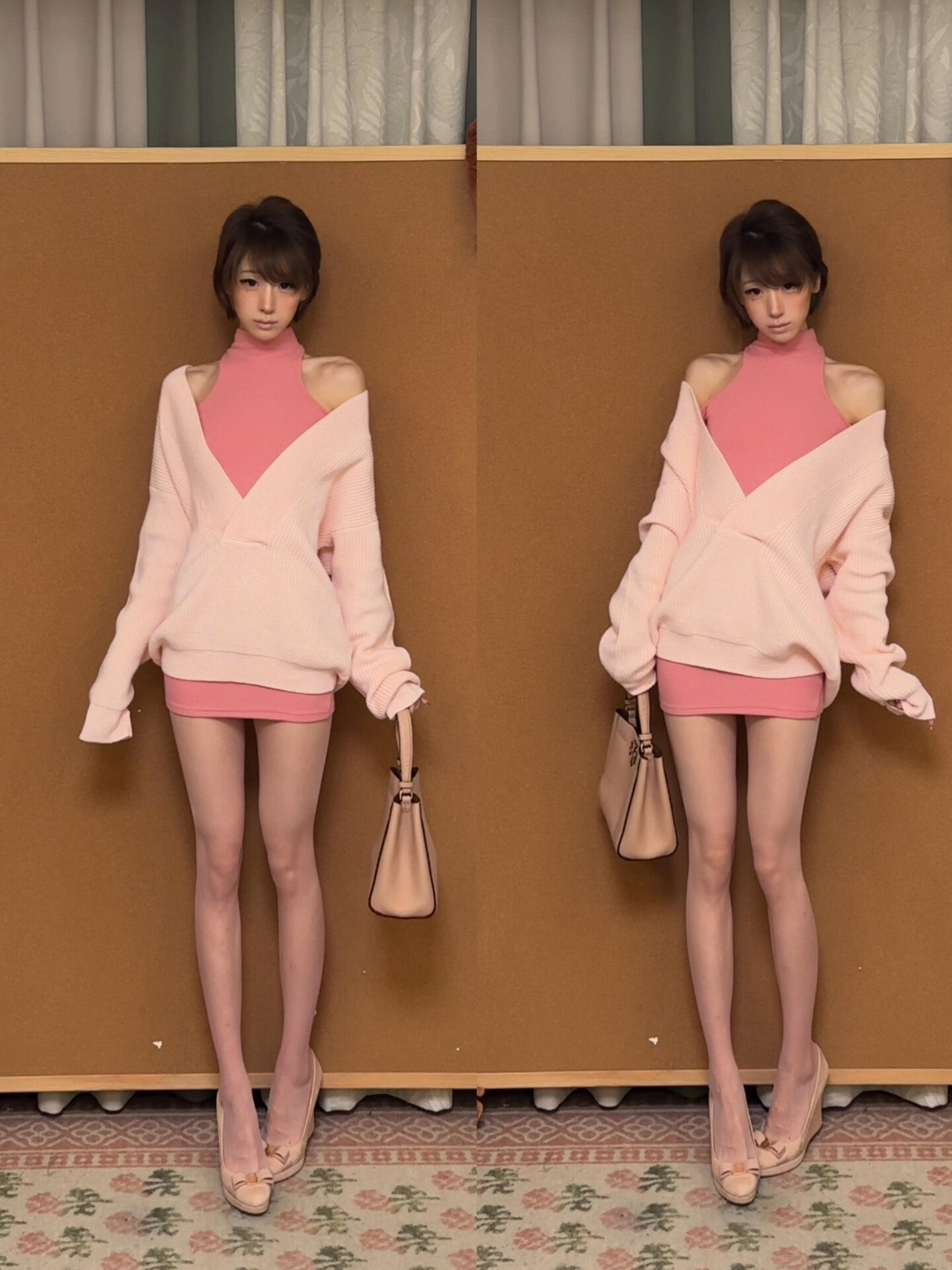 Women's Knit V-Neck Top Halterneck Bodycon Mini Dress Set in Pink