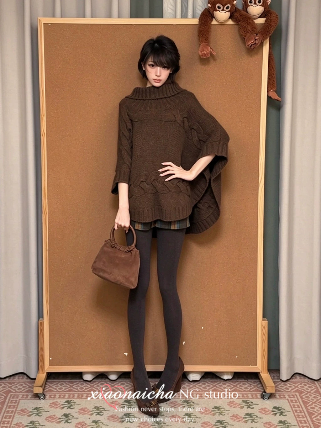 Women's Turtleneck Cable-Knit Cape Sweater with Batwing Sleeves