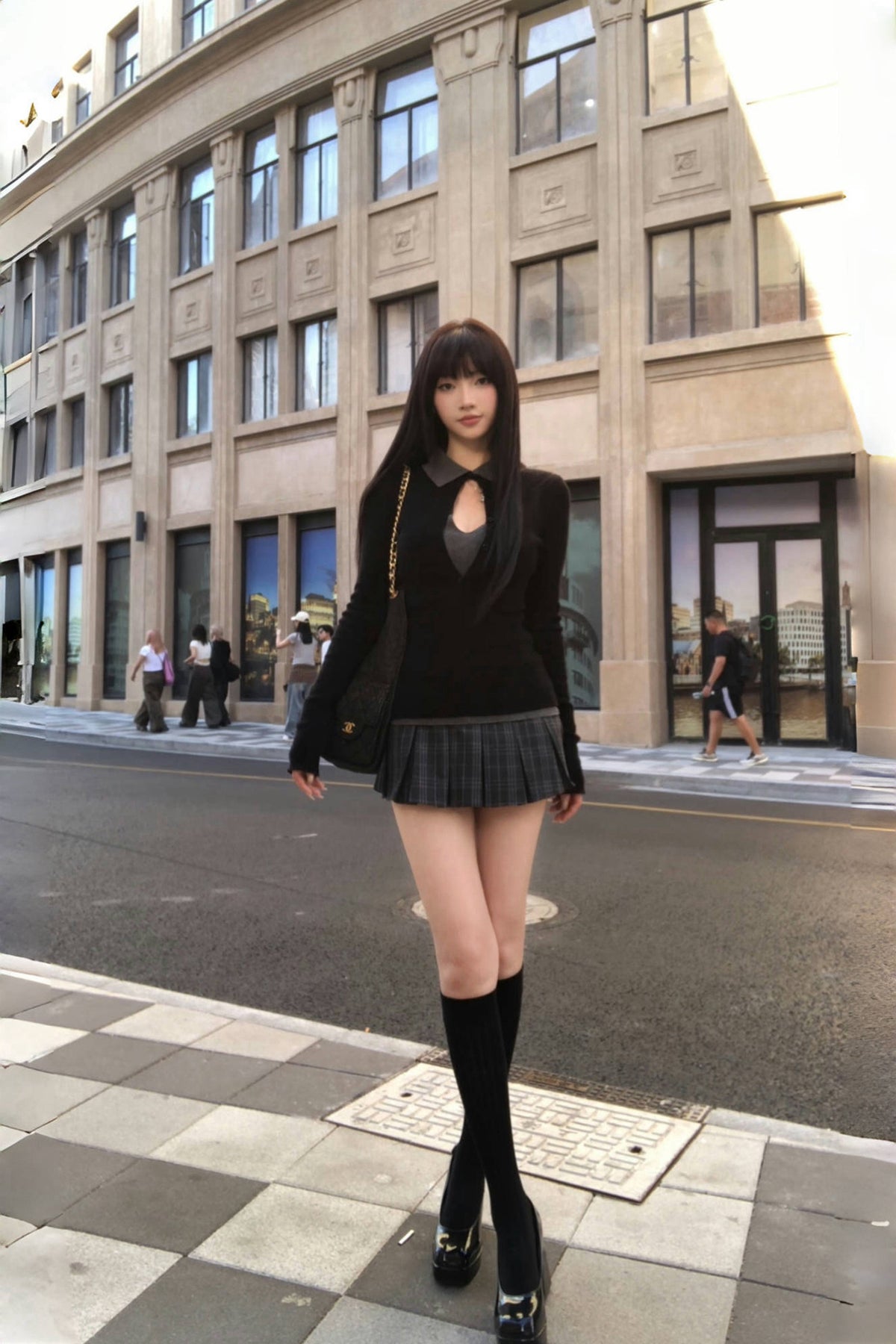 Black Top & Grey Plaid Mini Skirt Two-Piece Set