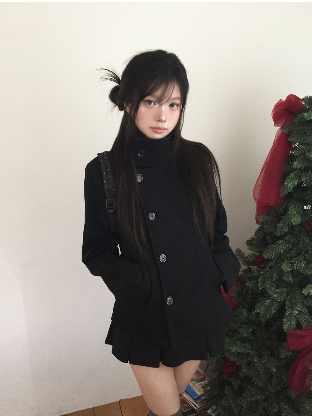 Stand-Collar Wool-Blend Coat & Skirt Set with Detachable Belt