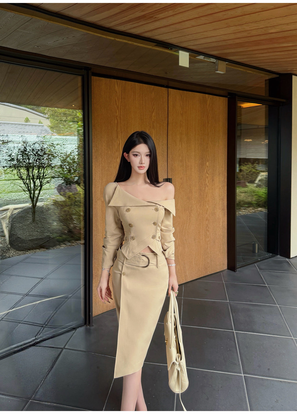 Cropped Double-Breasted Jacket & Straight Skirt Set with Wide Belt