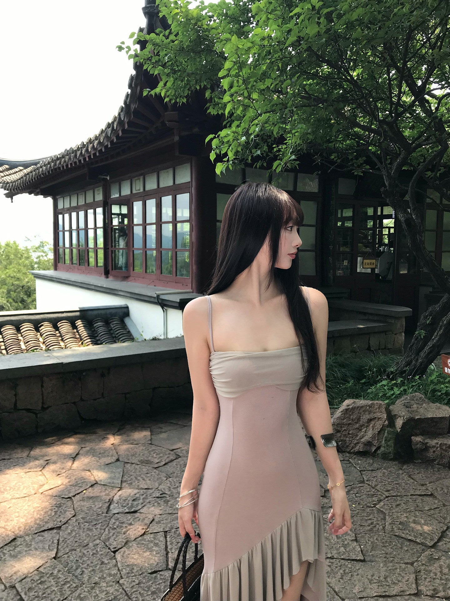 Long Asymmetrical Ruffle Hem Fitted Spaghetti Strap Mermaid Dress