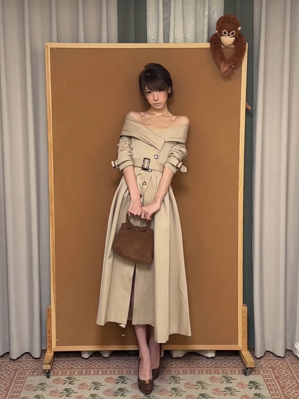British-Style Off-Shoulder Khaki Trench Coat