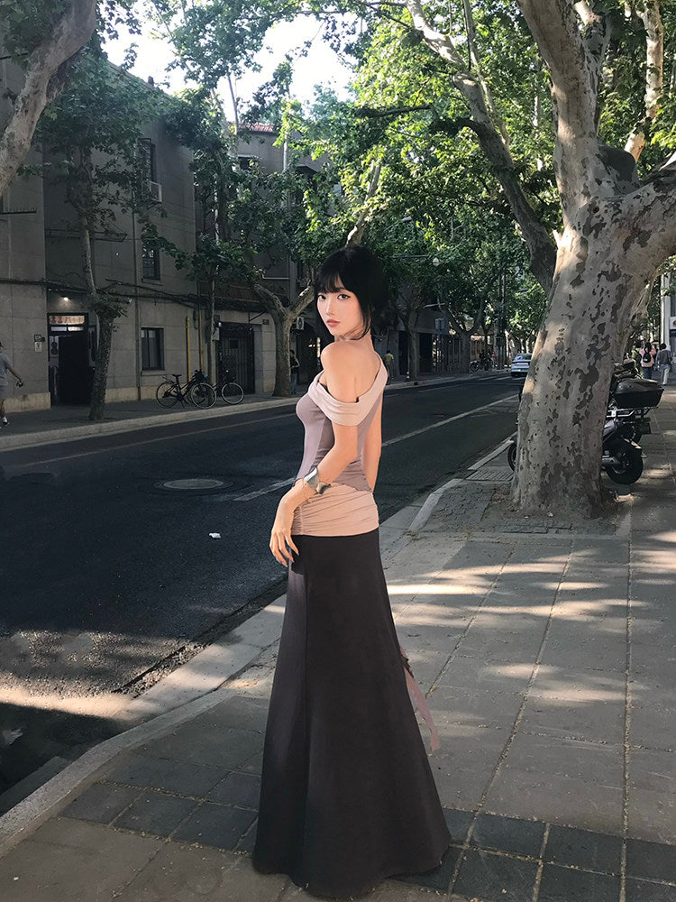 Sash top and spliced bodycon long skirt set