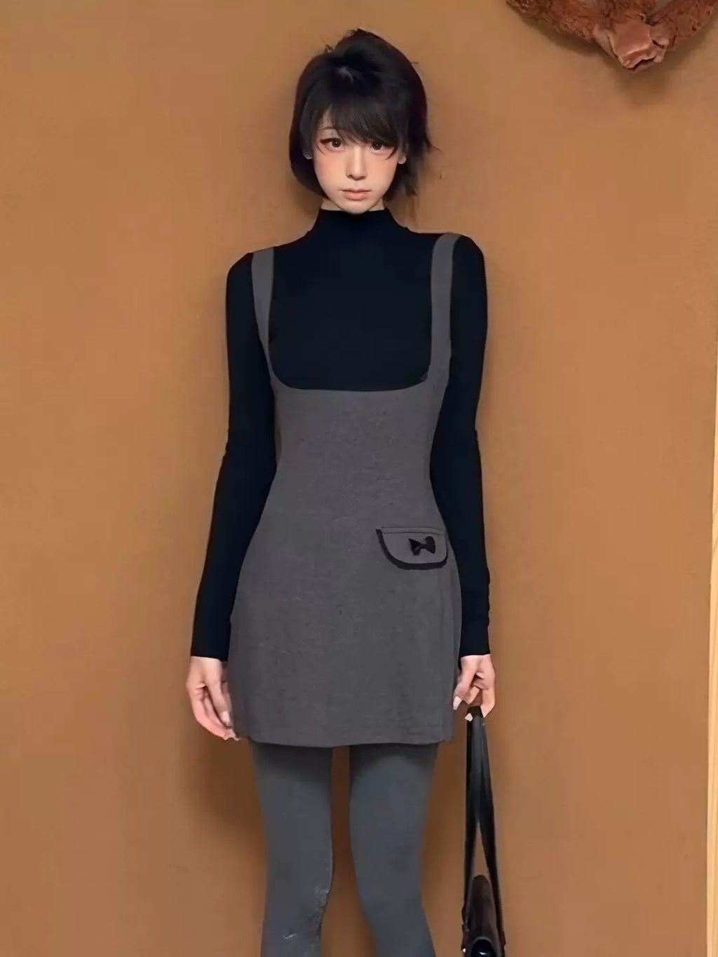 Grey Slip Dress Layered with a Black Turtleneck