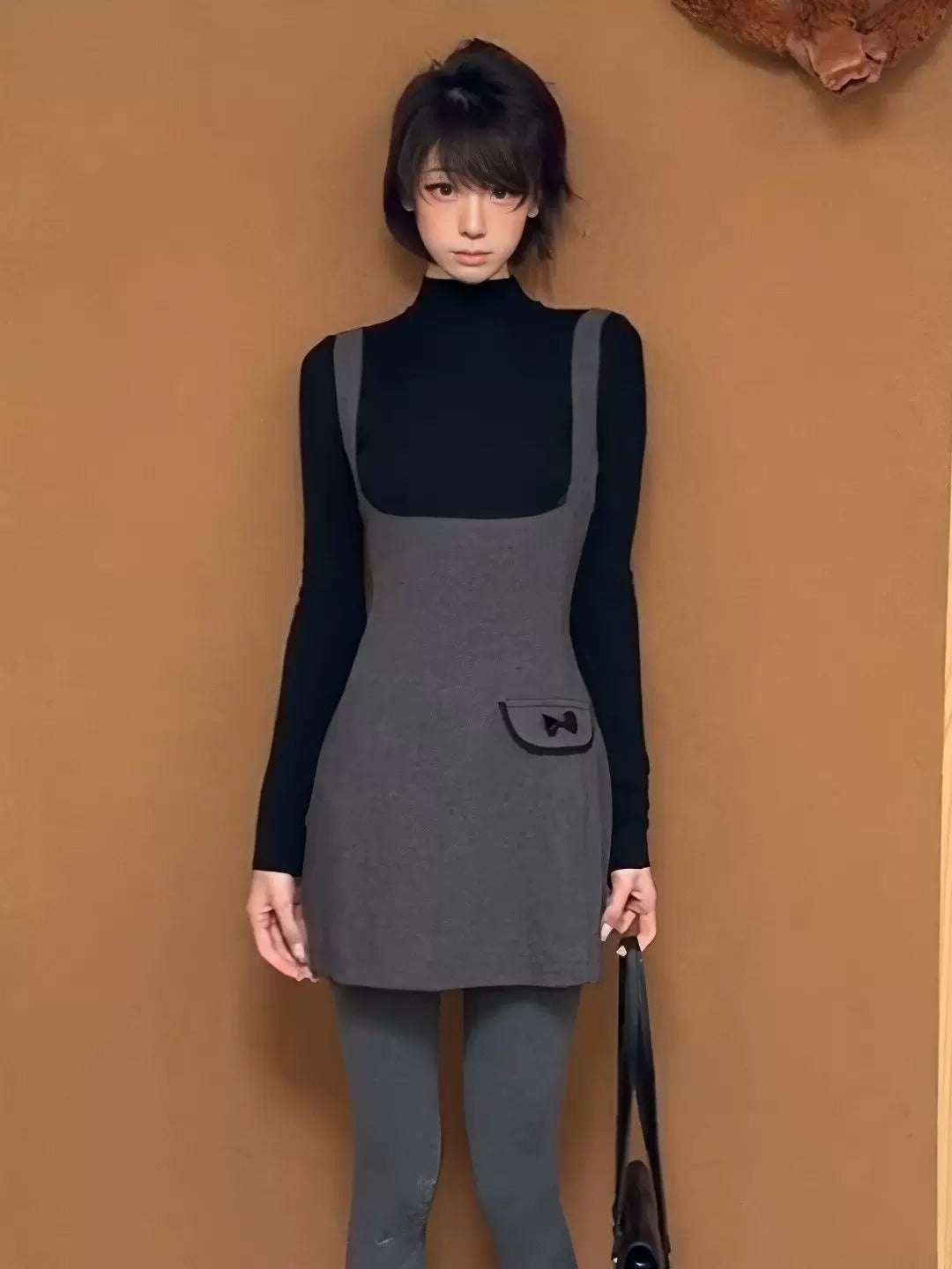 Grey Slip Dress Layered with a Black Turtleneck