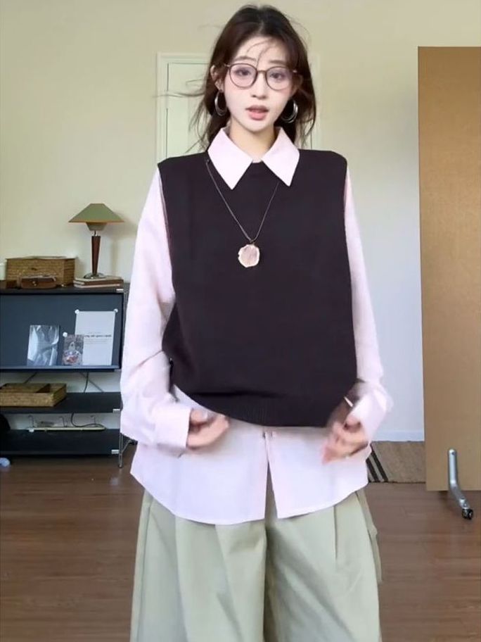 Knit Vest & Pink Long Sleeve Shirt Two-Piece Set