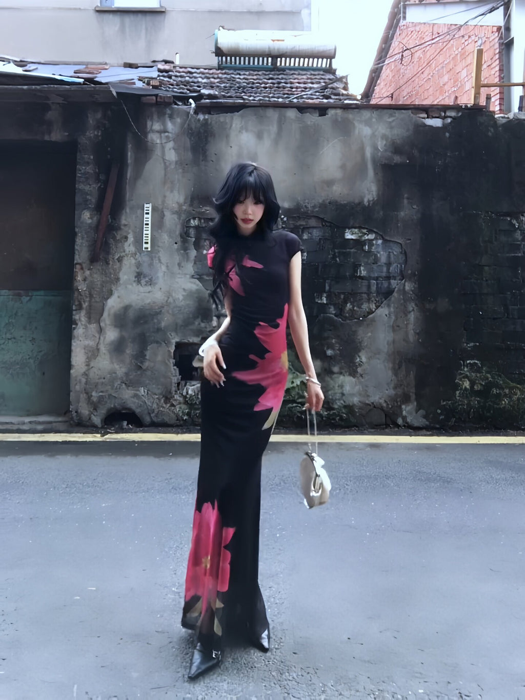 Printed slim-fit cheongsam long dress