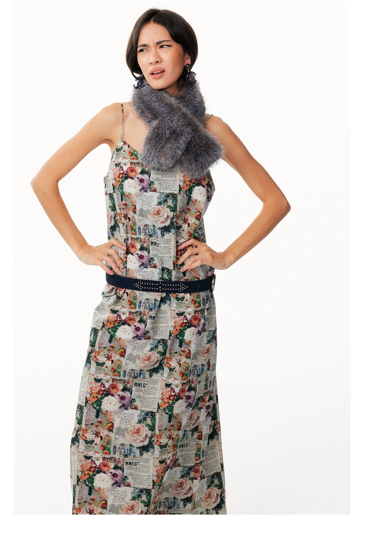 Vintage Newspaper & Floral Print Pearlescent Pink Spaghetti Strap Maxi Dress with Shawl