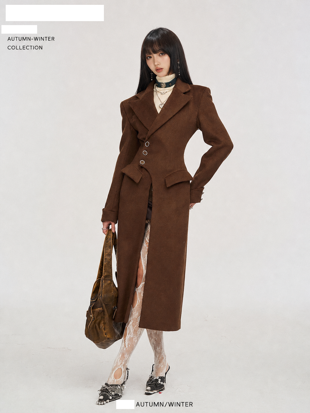 빈티지 스타일 브라운 울 허리 강조 코트
