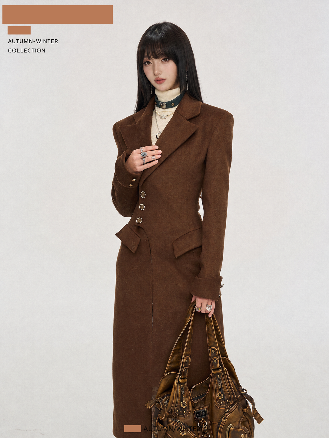 빈티지 스타일 브라운 울 허리 강조 코트