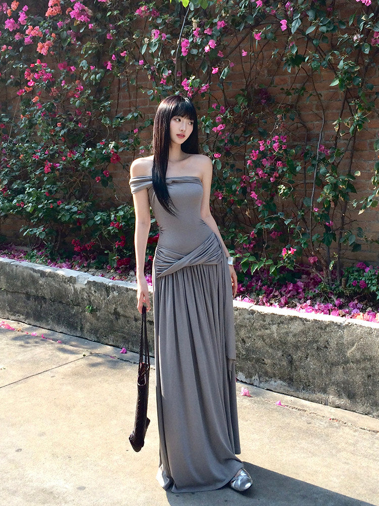 Halter Bandeau Long Dress, Asymmetric One-shoulder Waist Slim Fit