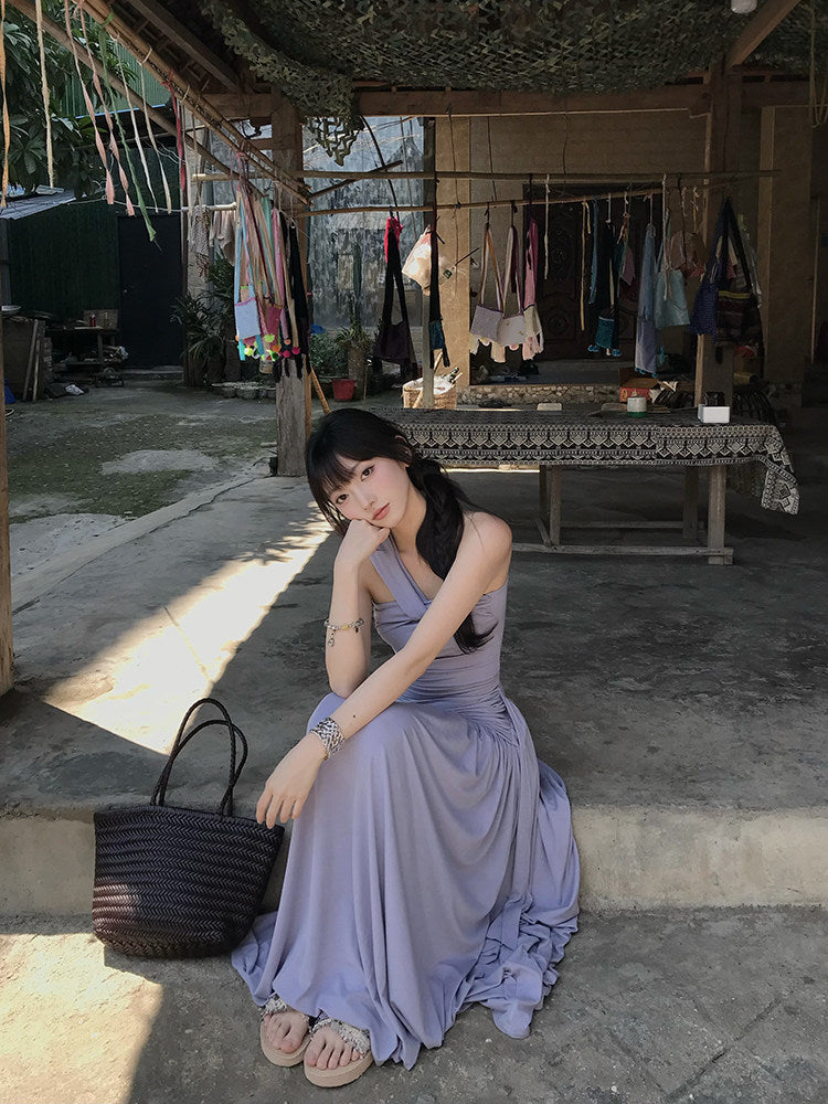 Halter Bandeau Long Dress, Asymmetric One-shoulder Waist Slim Fit