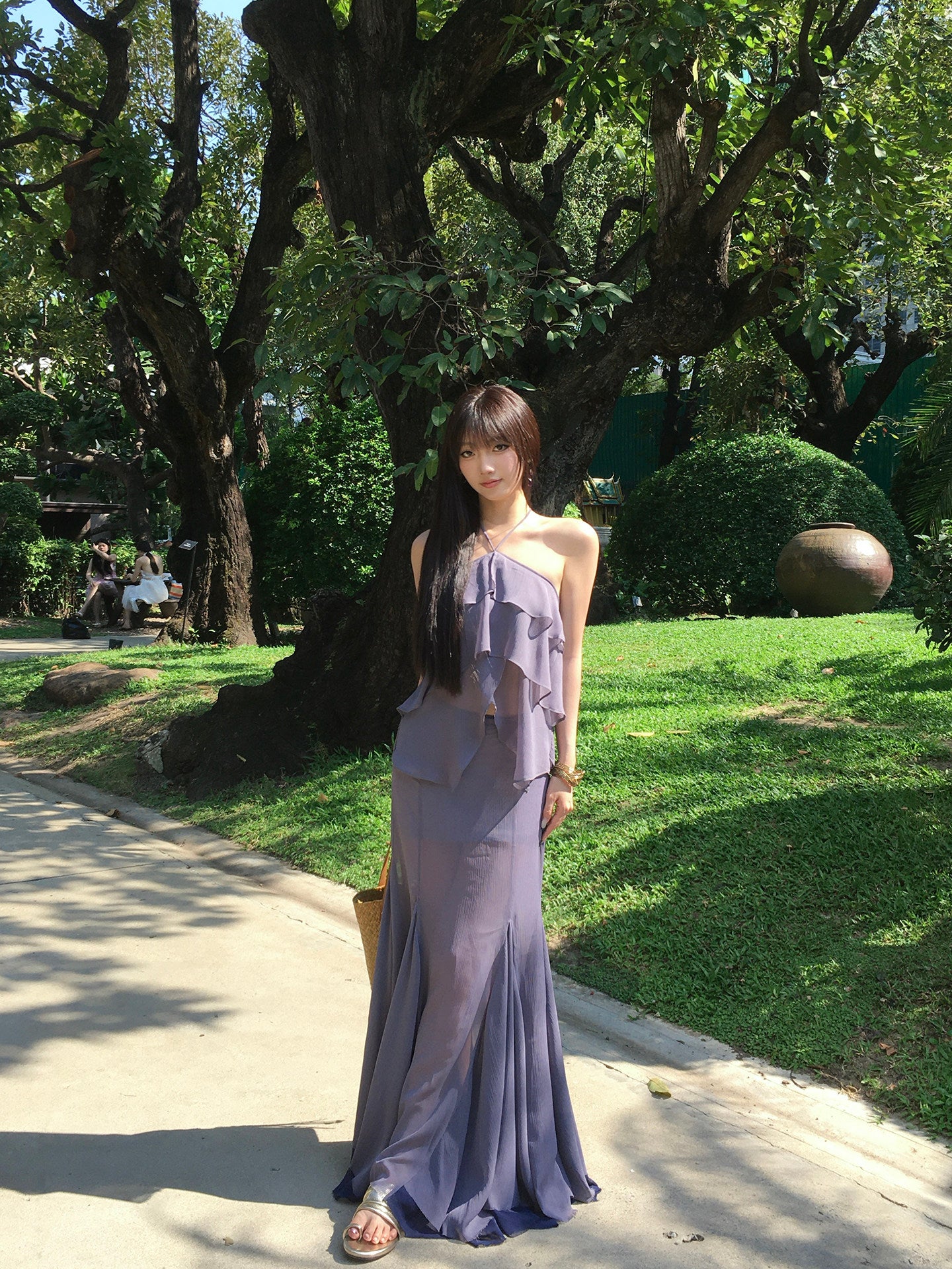 Halter Ruffled Chiffon Top & Mermaid Long Skirt Two-Piece Set