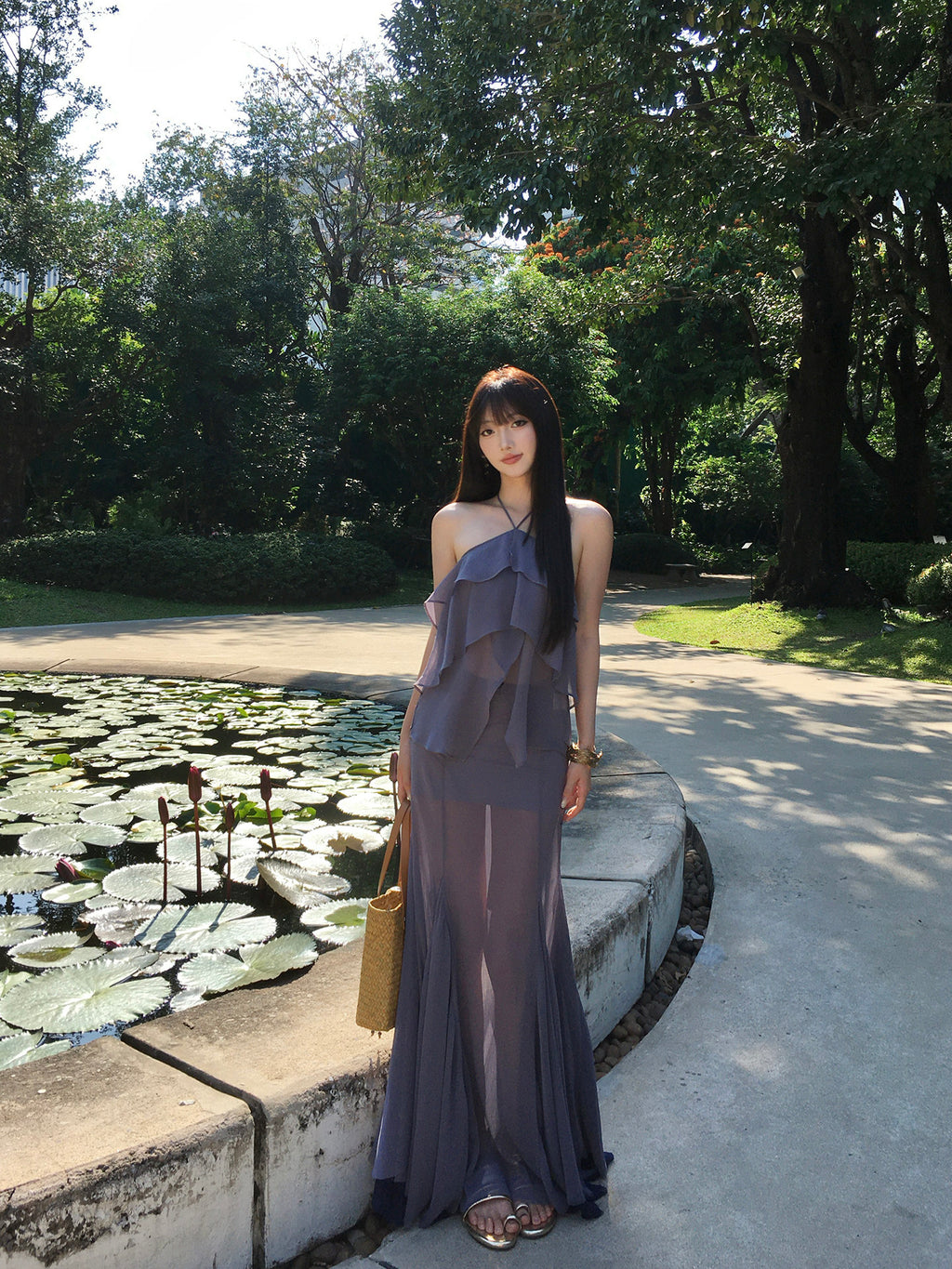 Halter Ruffled Chiffon Top & Mermaid Long Skirt Two-Piece Set