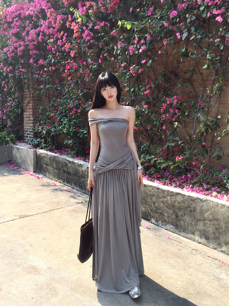 Halter Bandeau Long Dress, Asymmetric One-shoulder Waist Slim Fit