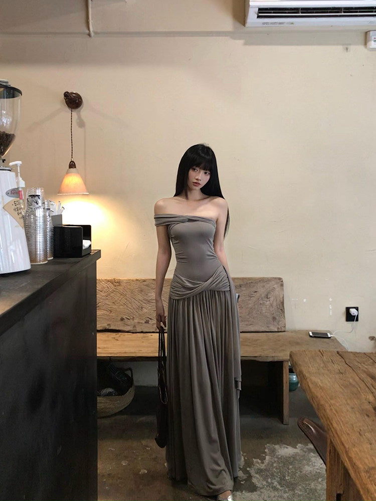 Halter Bandeau Long Dress, Asymmetric One-shoulder Waist Slim Fit