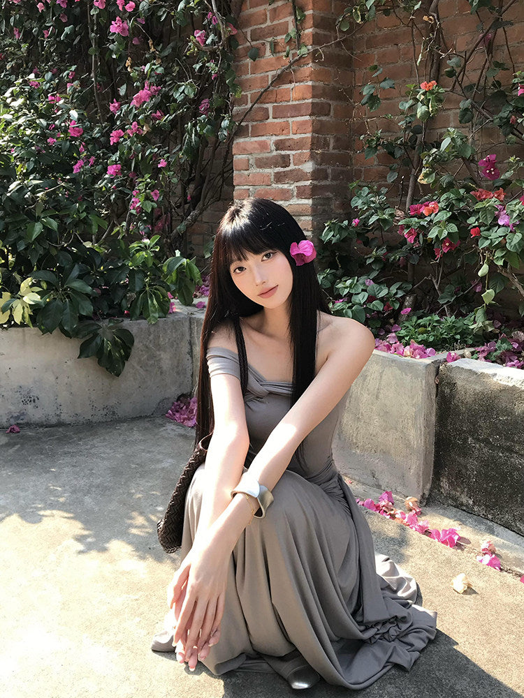 Halter Bandeau Long Dress, Asymmetric One-shoulder Waist Slim Fit