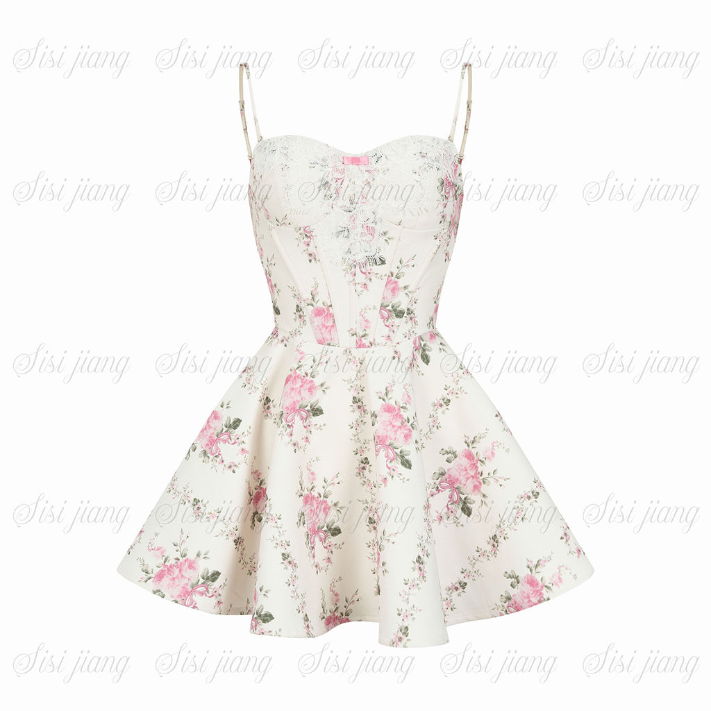 Women’s Floral Spaghetti Strap Dress with Boned Corset Waist