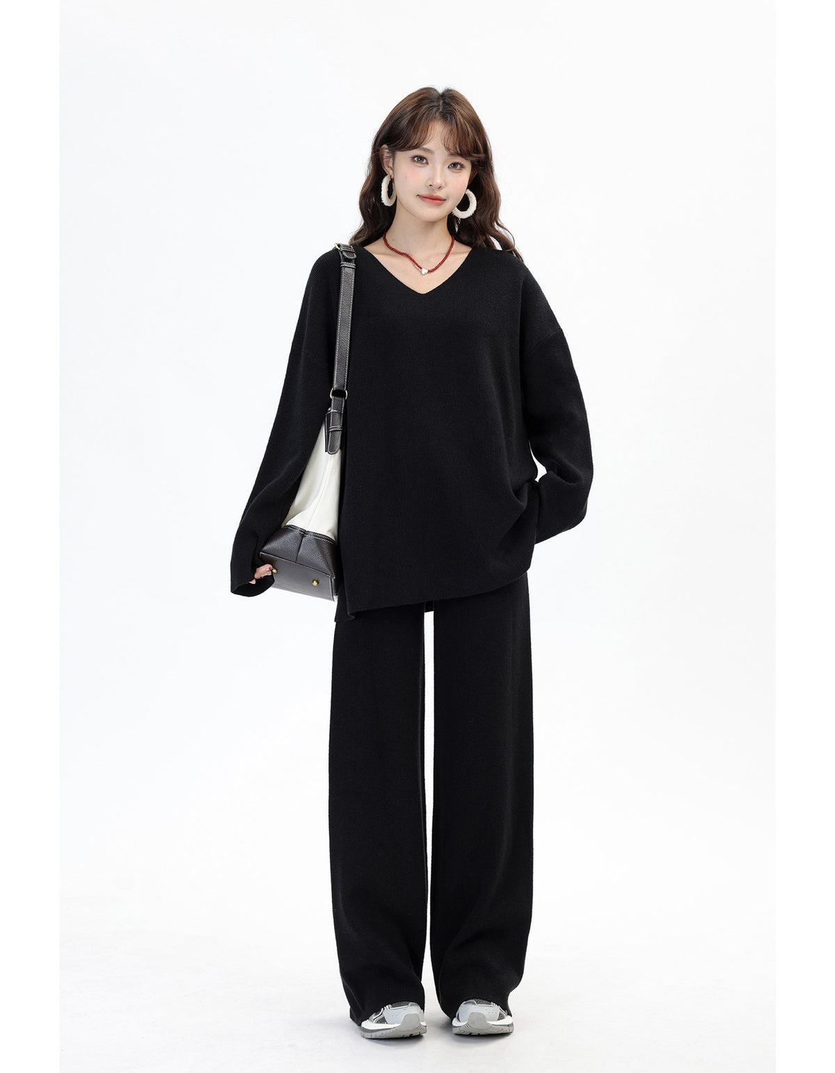 V-Neck Knit Sweater & Wide-Leg Pants Set