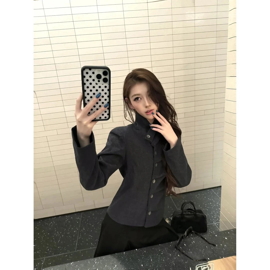 3D Pleated Oblique Placket Square Shoulder Blazer