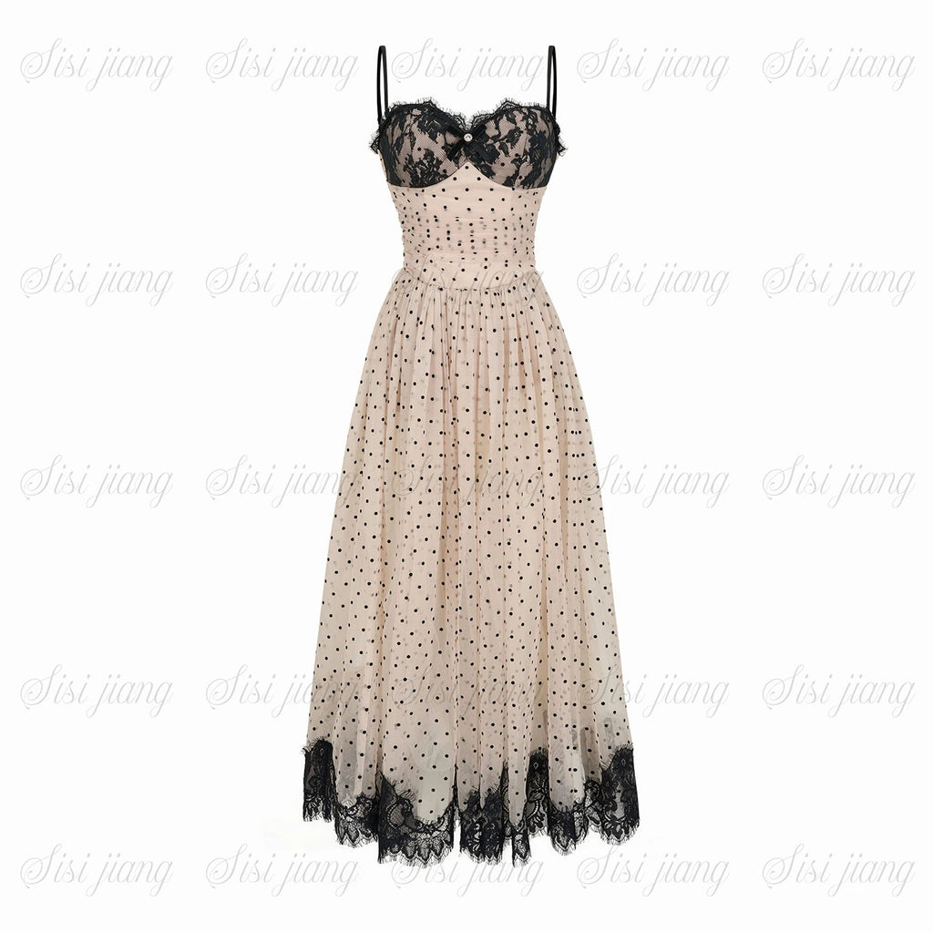 Women's Elegant Polka Dot Spaghetti Strap Dress with Fitted Waist
