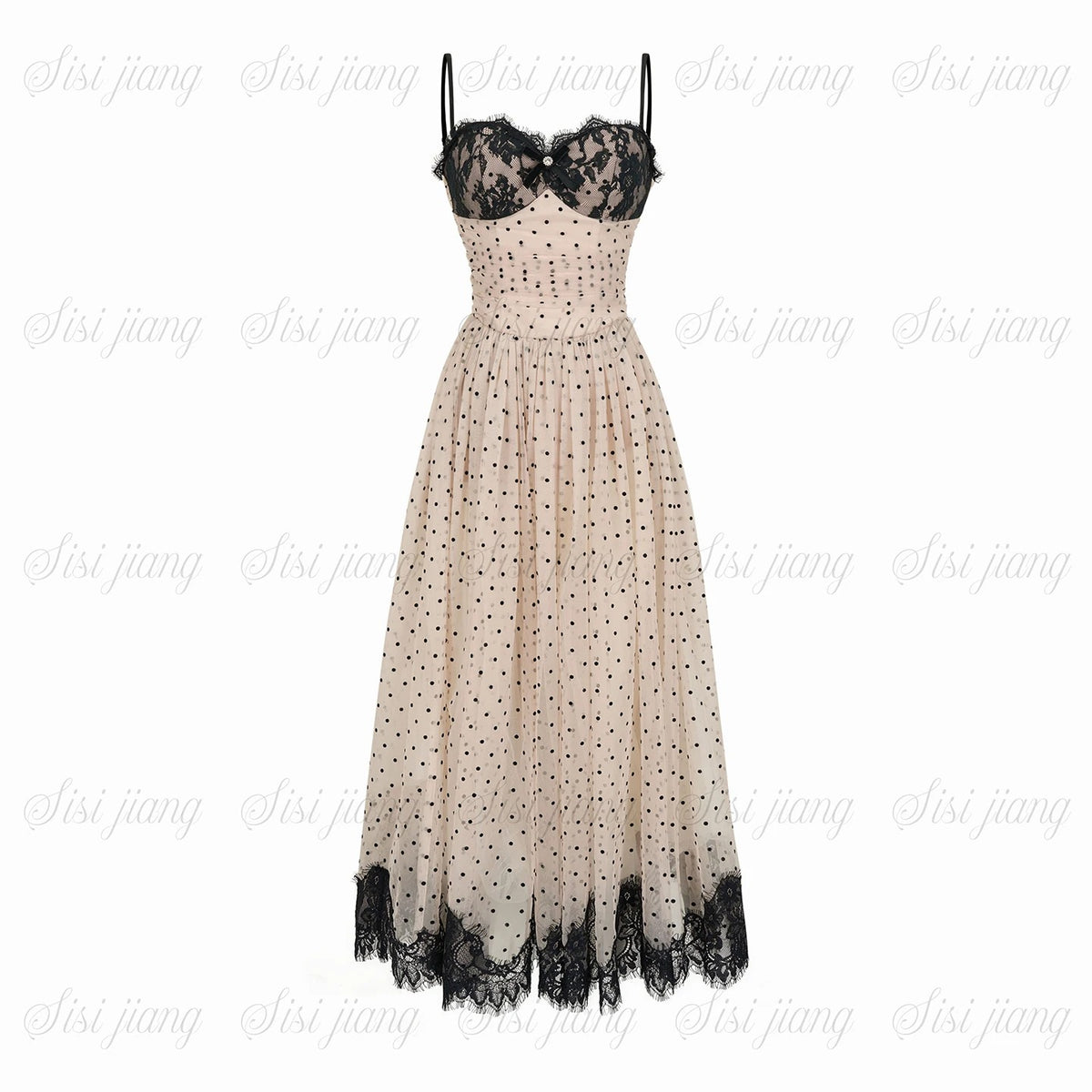 Women's Elegant Polka Dot Spaghetti Strap Dress with Fitted Waist
